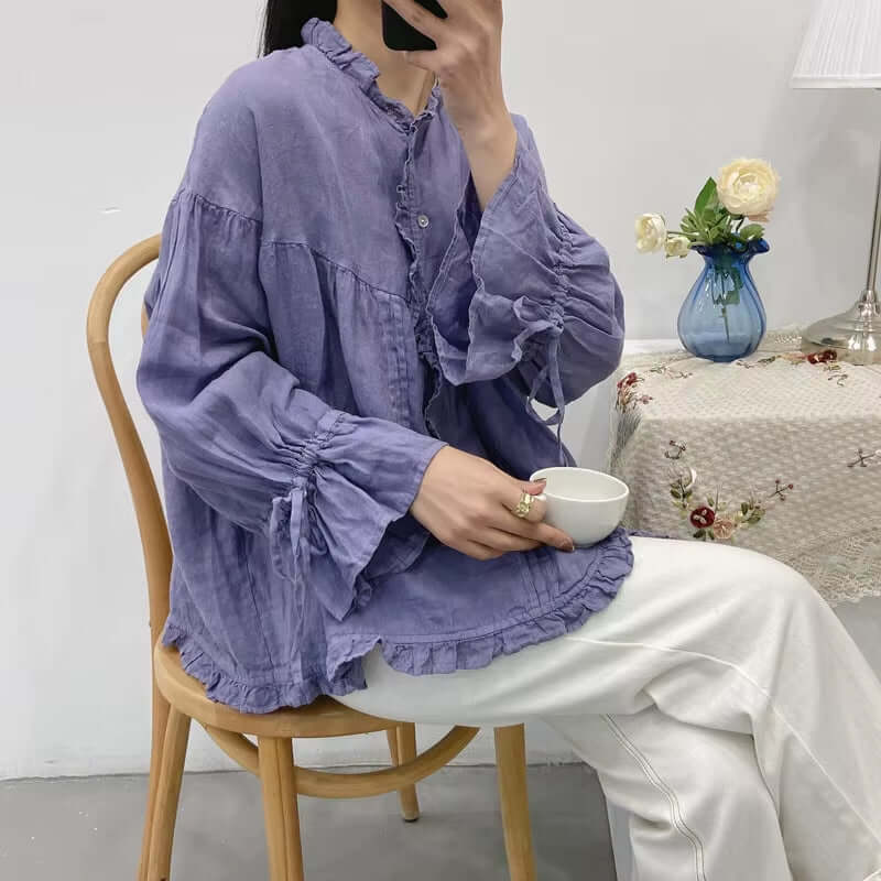 Ruffles Linen Lace-Up Women Blouse