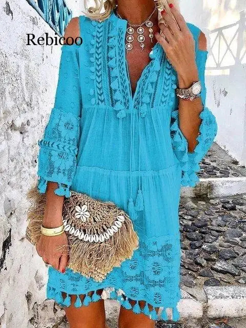 Tassel Sexy Boho Long Dress Women Lace Fall Solid Hollow Out V-Neck Lace Sexy Dresses Bohemian Style Dress Vestidos