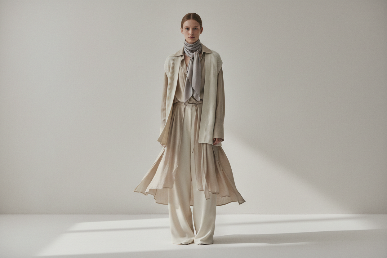 Clean, neutral fashion shot (standing pose, soft tones)