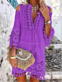 Tassel Sexy Boho Long Dress Women Lace Fall Solid Hollow Out V-Neck Lace Sexy Dresses Bohemian Style Dress Vestidos