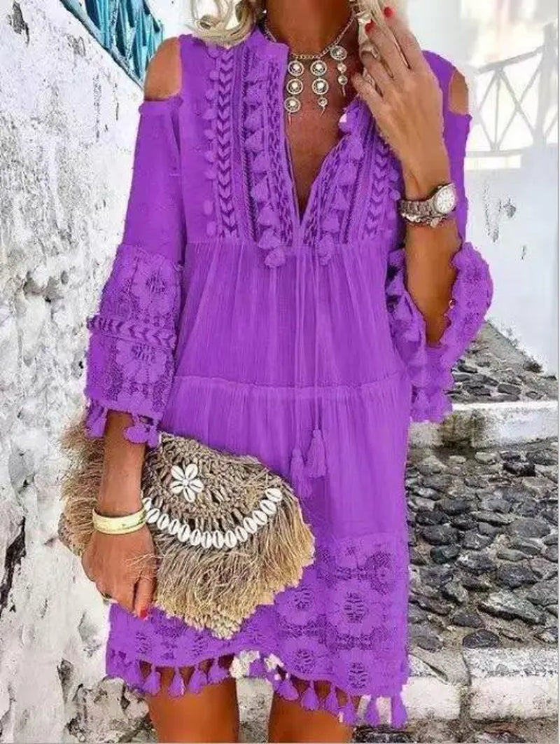 Tassel Sexy Boho Long Dress Women Lace Fall Solid Hollow Out V-Neck Lace Sexy Dresses Bohemian Style Dress Vestidos