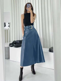 PU Leather A-Line Skirt Women  High Waist 2024