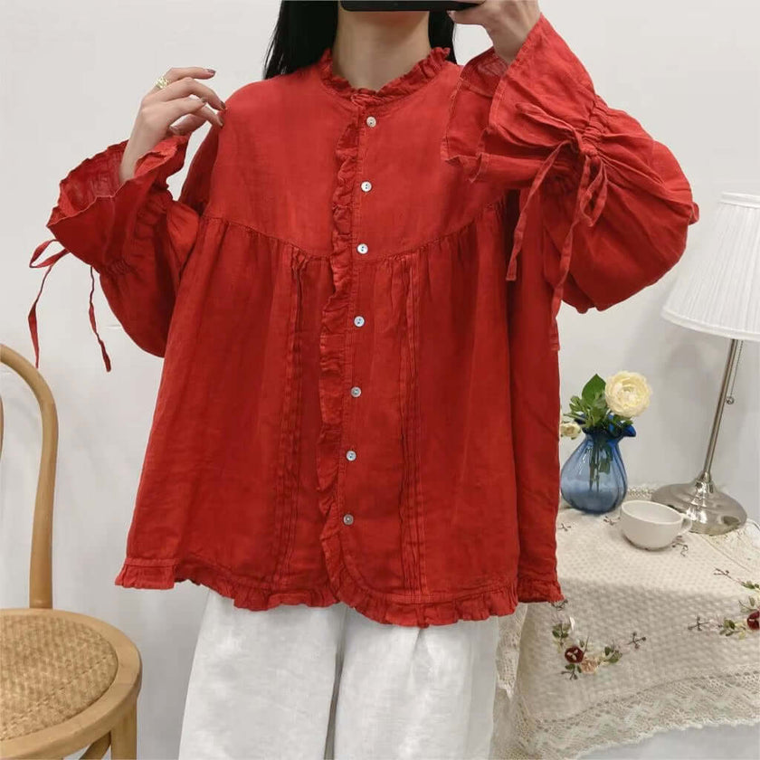 Ruffles Linen Lace-Up Women Blouse