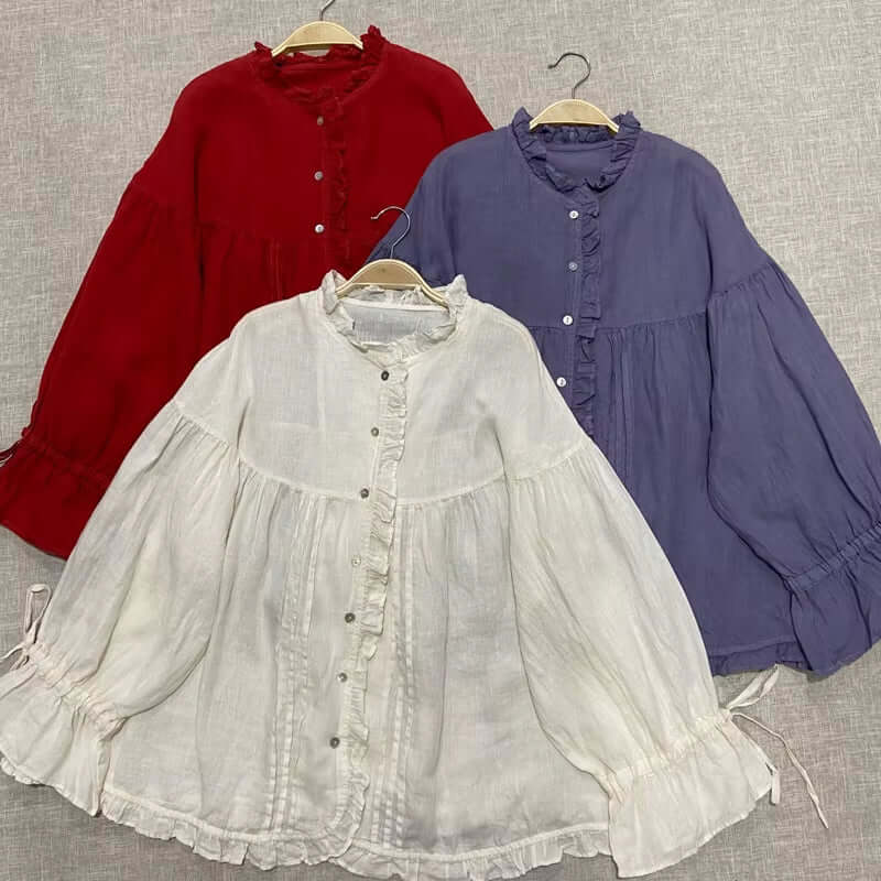 Ruffles Linen Lace-Up Women Blouse