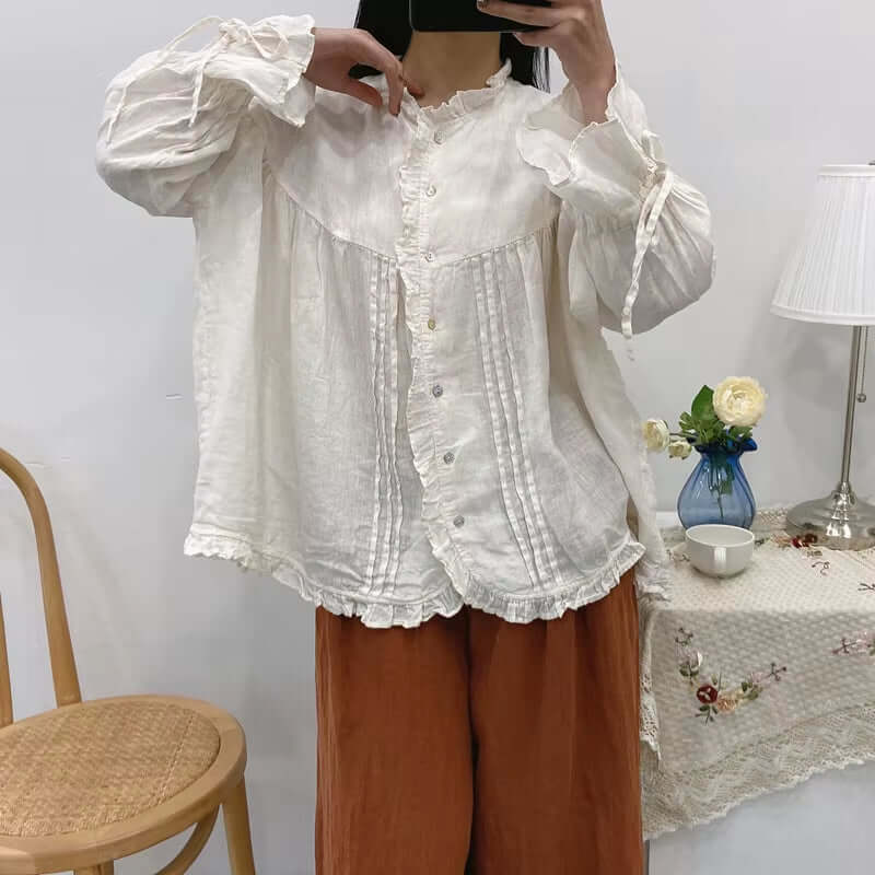Ruffles Linen Lace-Up Women Blouse