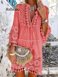 Tassel Sexy Boho Long Dress Women Lace Fall Solid Hollow Out V-Neck Lace Sexy Dresses Bohemian Style Dress Vestidos
