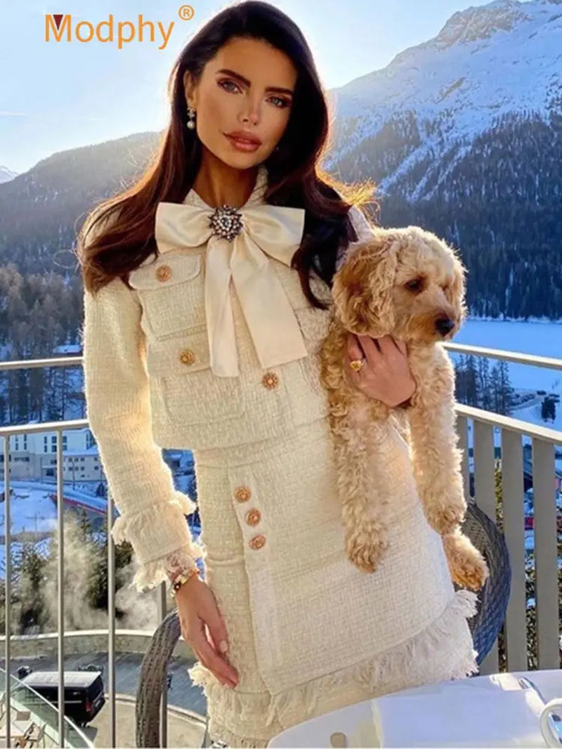 2026 Winter New Women Tweed Fringed 2 Two-Piece Set Sexy Long Sleeve Button Jacket + Short Skirt Set Vestidos Party Suit