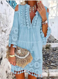 Tassel Sexy Boho Long Dress Women Lace Fall Solid Hollow Out V-Neck Lace Sexy Dresses Bohemian Style Dress Vestidos