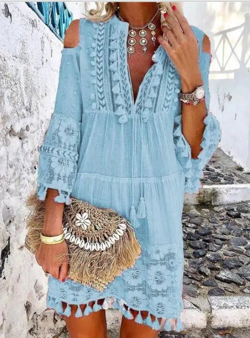 Tassel Sexy Boho Long Dress Women Lace Fall Solid Hollow Out V-Neck Lace Sexy Dresses Bohemian Style Dress Vestidos