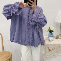 Ruffles Linen Lace-Up Women Blouse