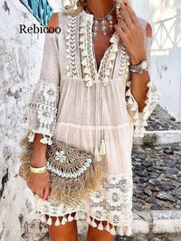 Tassel Sexy Boho Long Dress Women Lace Fall Solid Hollow Out V-Neck Lace Sexy Dresses Bohemian Style Dress Vestidos