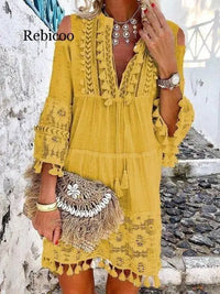 Tassel Sexy Boho Long Dress Women Lace Fall Solid Hollow Out V-Neck Lace Sexy Dresses Bohemian Style Dress Vestidos