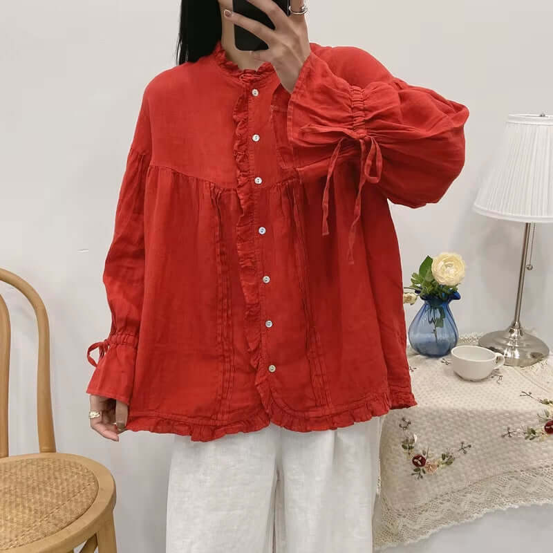 Ruffles Linen Lace-Up Women Blouse