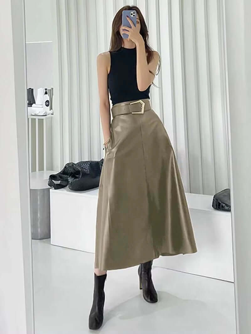 PU Leather A-Line Skirt Women  High Waist 2024