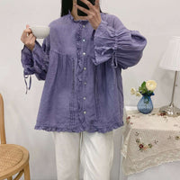 Ruffles Linen Lace-Up Women Blouse
