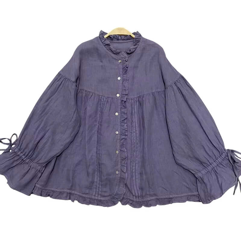 Ruffles Linen Lace-Up Women Blouse
