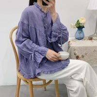 Ruffles Linen Lace-Up Women Blouse