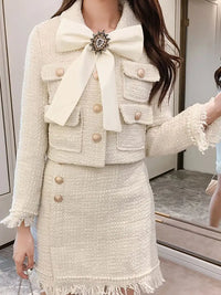 2026 Winter New Women Tweed Fringed 2 Two-Piece Set Sexy Long Sleeve Button Jacket + Short Skirt Set Vestidos Party Suit