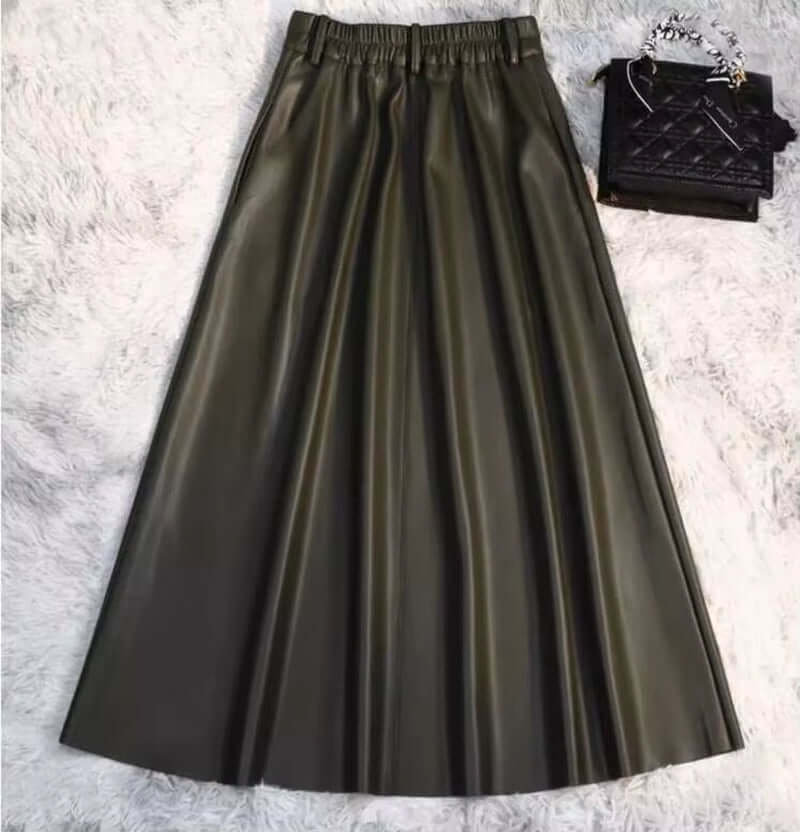 PU Leather A-Line Skirt Women  High Waist 2024