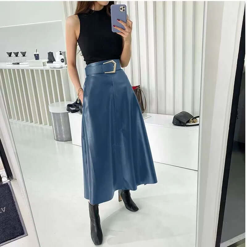 PU Leather A-Line Skirt Women  High Waist 2024