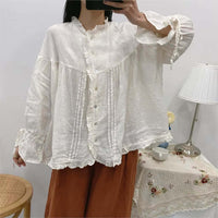 Ruffles Linen Lace-Up Women Blouse