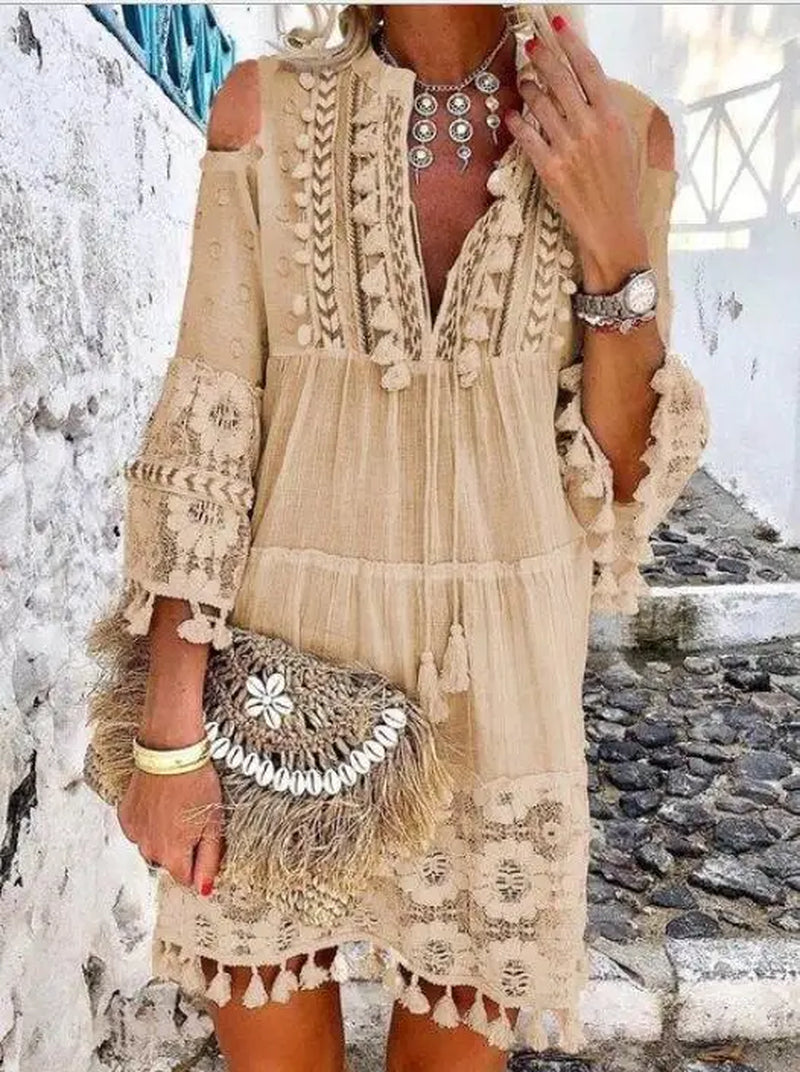 Tassel Sexy Boho Long Dress Women Lace Fall Solid Hollow Out V-Neck Lace Sexy Dresses Bohemian Style Dress Vestidos