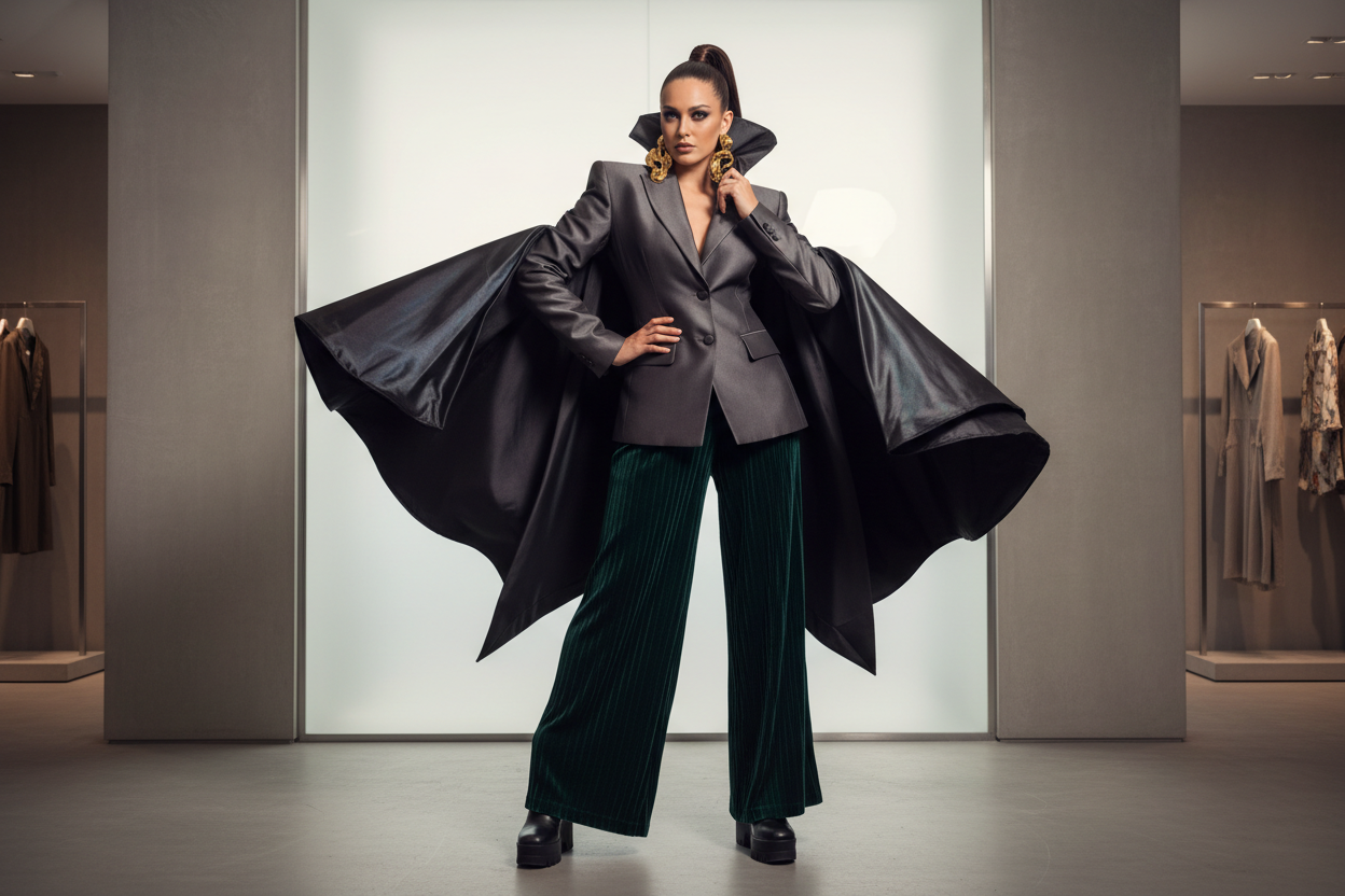 High-fashion editorial woman, bold outfit, confident pose, luxury boutique style, neutral background, soft dramatic lighting, premium fashion photography.